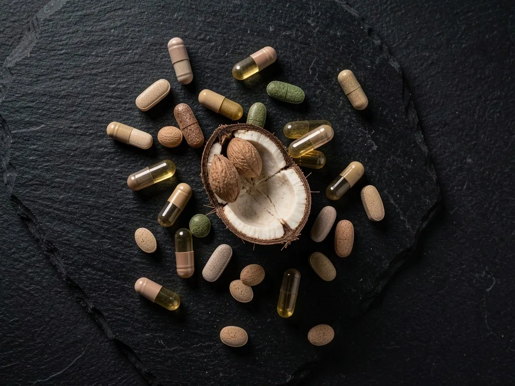 Natural supplement capsules on a dark surface