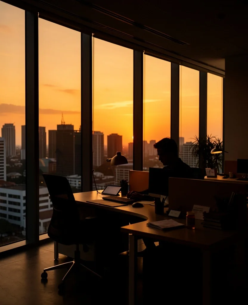 Indoor office environment at dusk showing limited natural light exposure