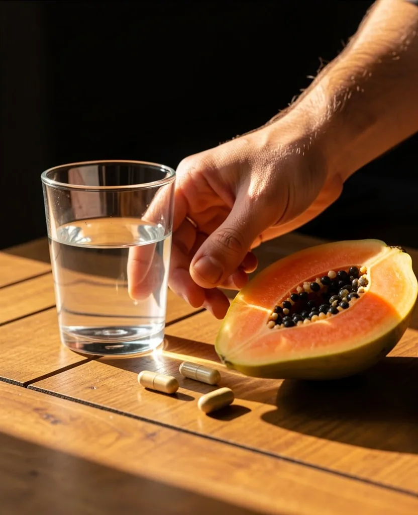Natural supplement capsules beside water and fruit on a wooden surface