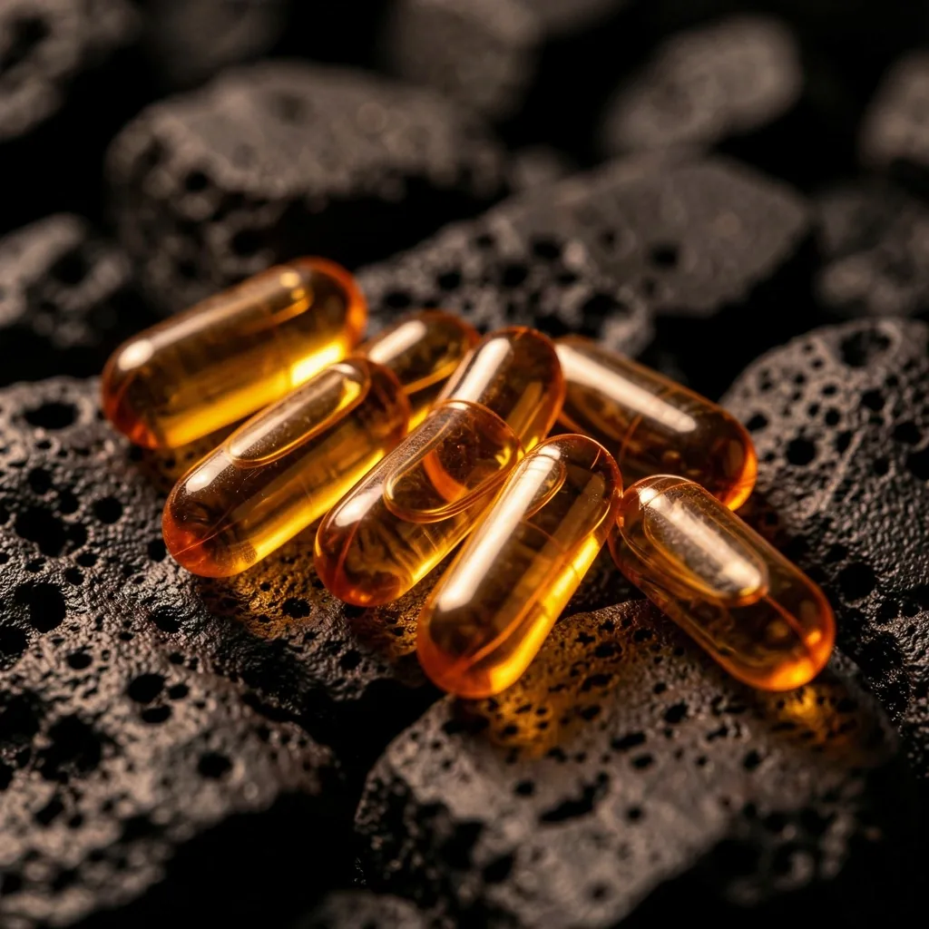 Natural supplement capsules on dark stone