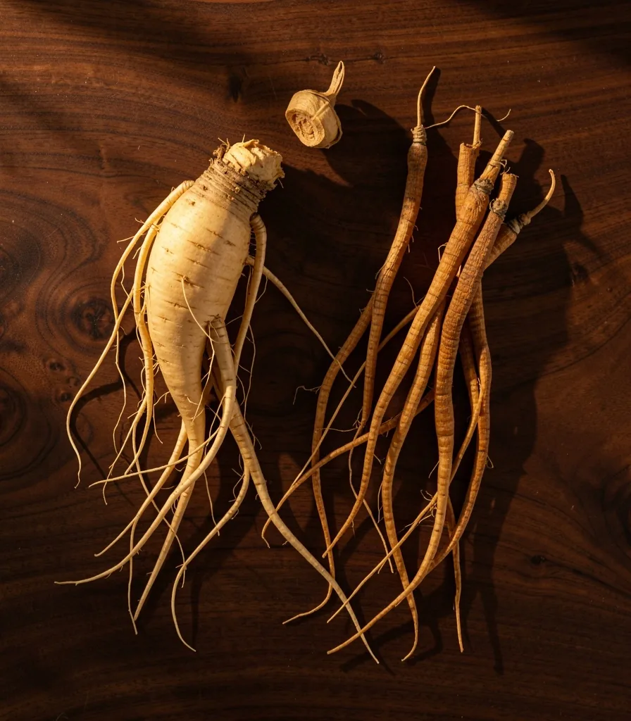 Panax ginseng root and cordyceps mushrooms