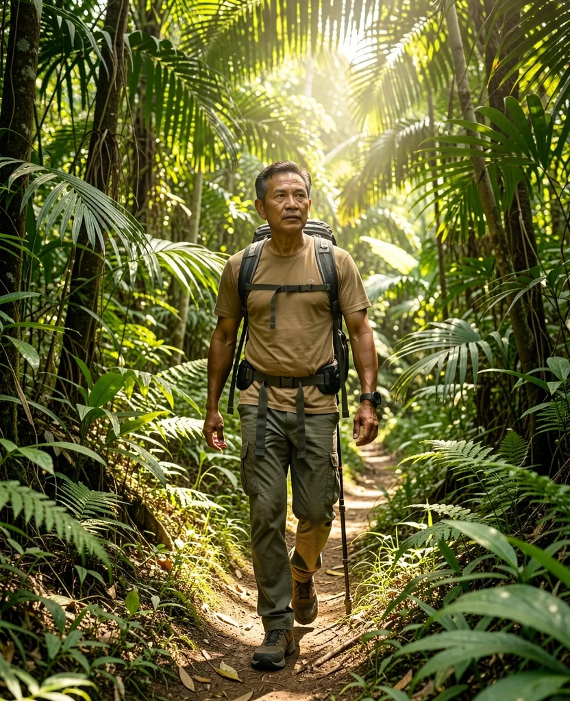 Mature man hiking through tropical forest