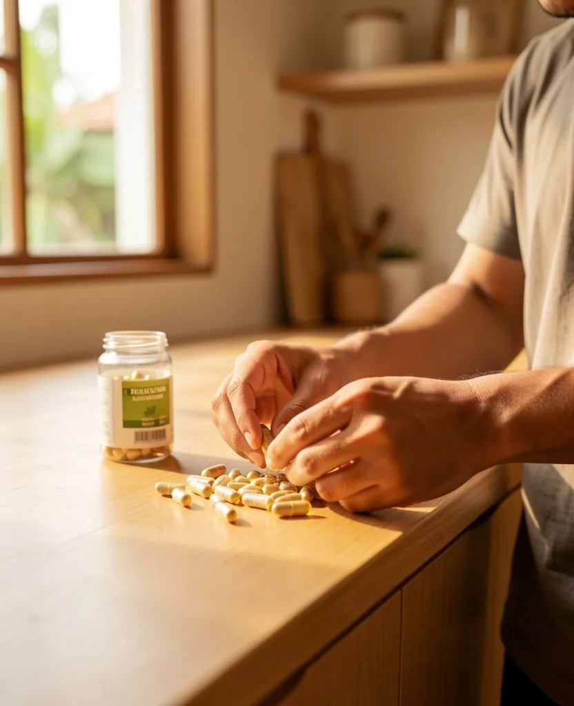 Morning supplement routine in an Indonesian home