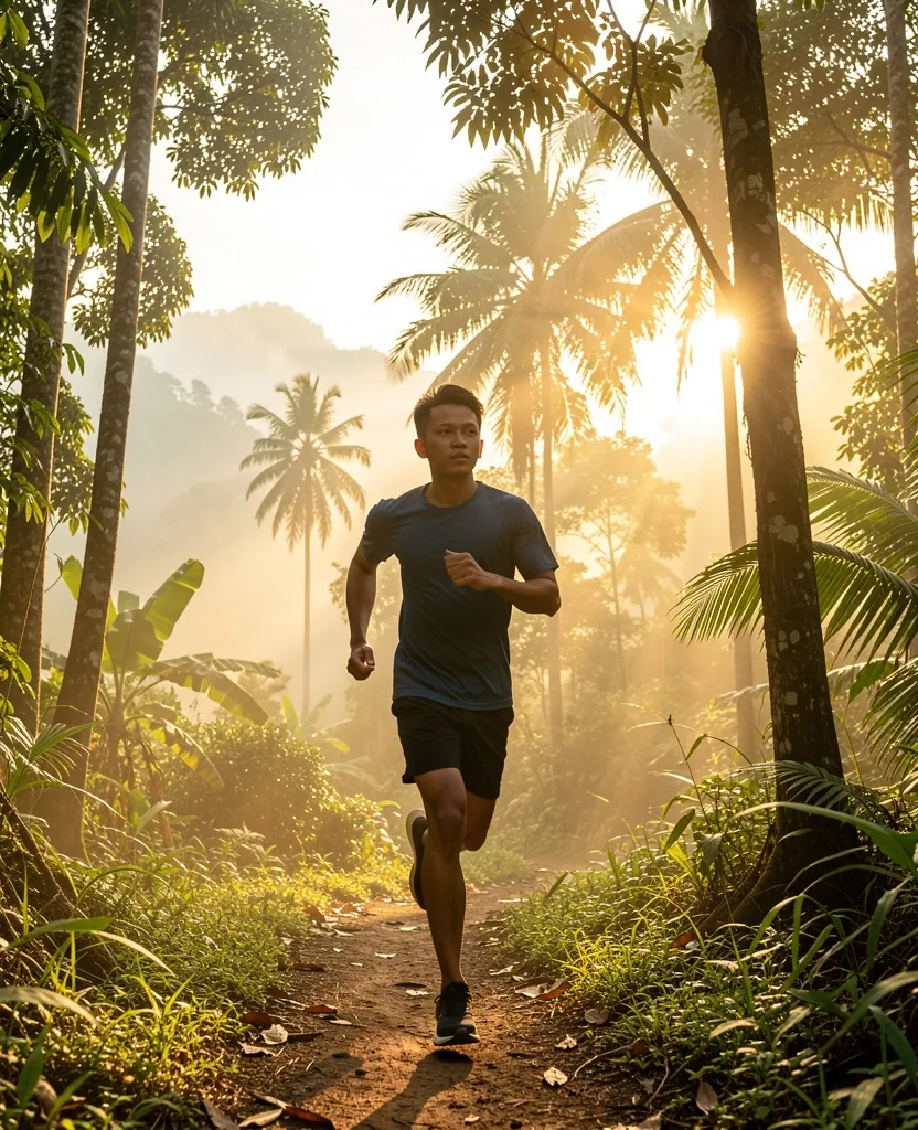 Young man running on a trail at dawn