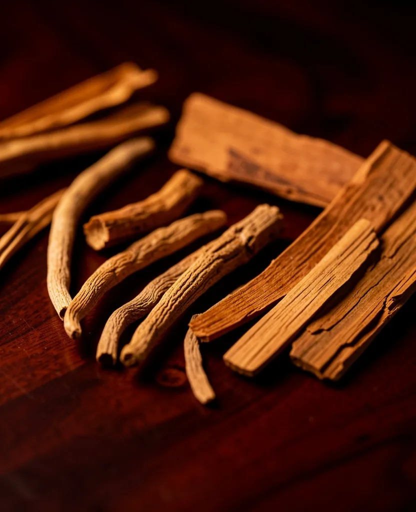Dried botanical roots on dark wood