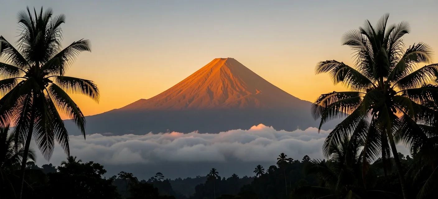 Indonesian landscape at dusk with volcanic silhouette