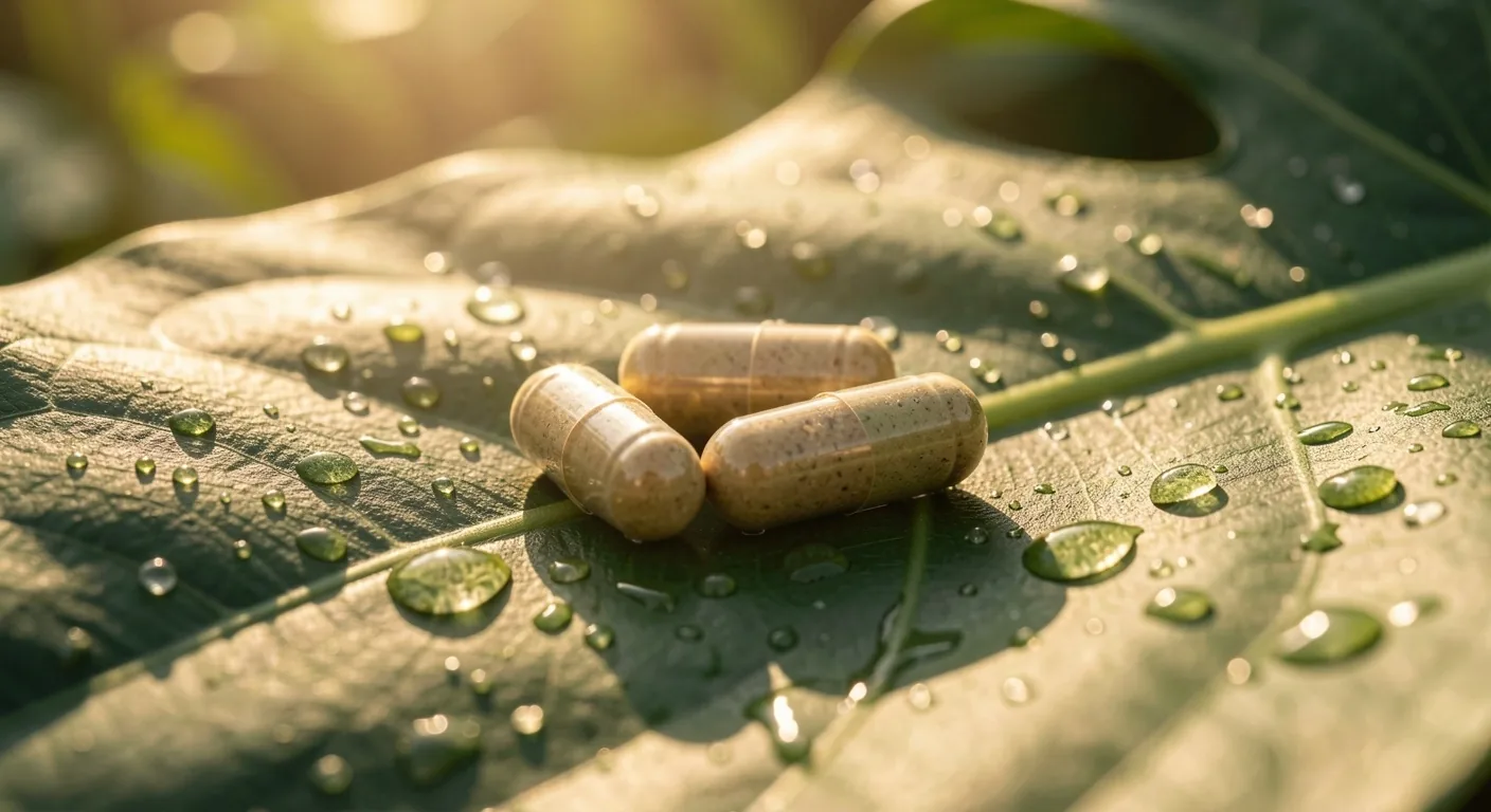 Natural botanical capsules in warm low-key lighting