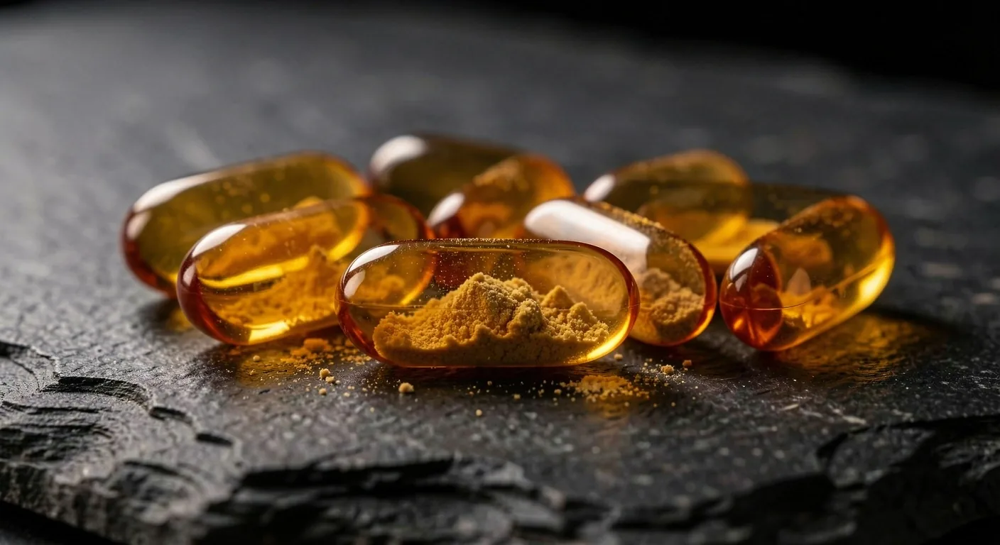 Natural supplement capsules under warm low-key lighting